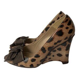 Stuart Weitzman Cheetah Print Wedges Pump with Open Toes and Bows Size 5